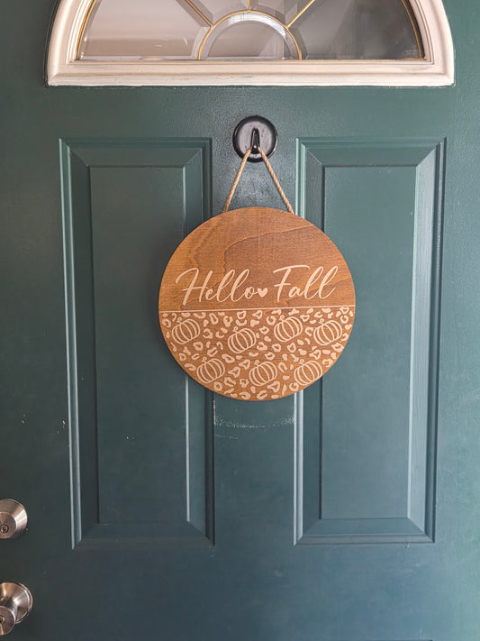🍂 Rustic “Hello Fall” Leopard Print Door Sign