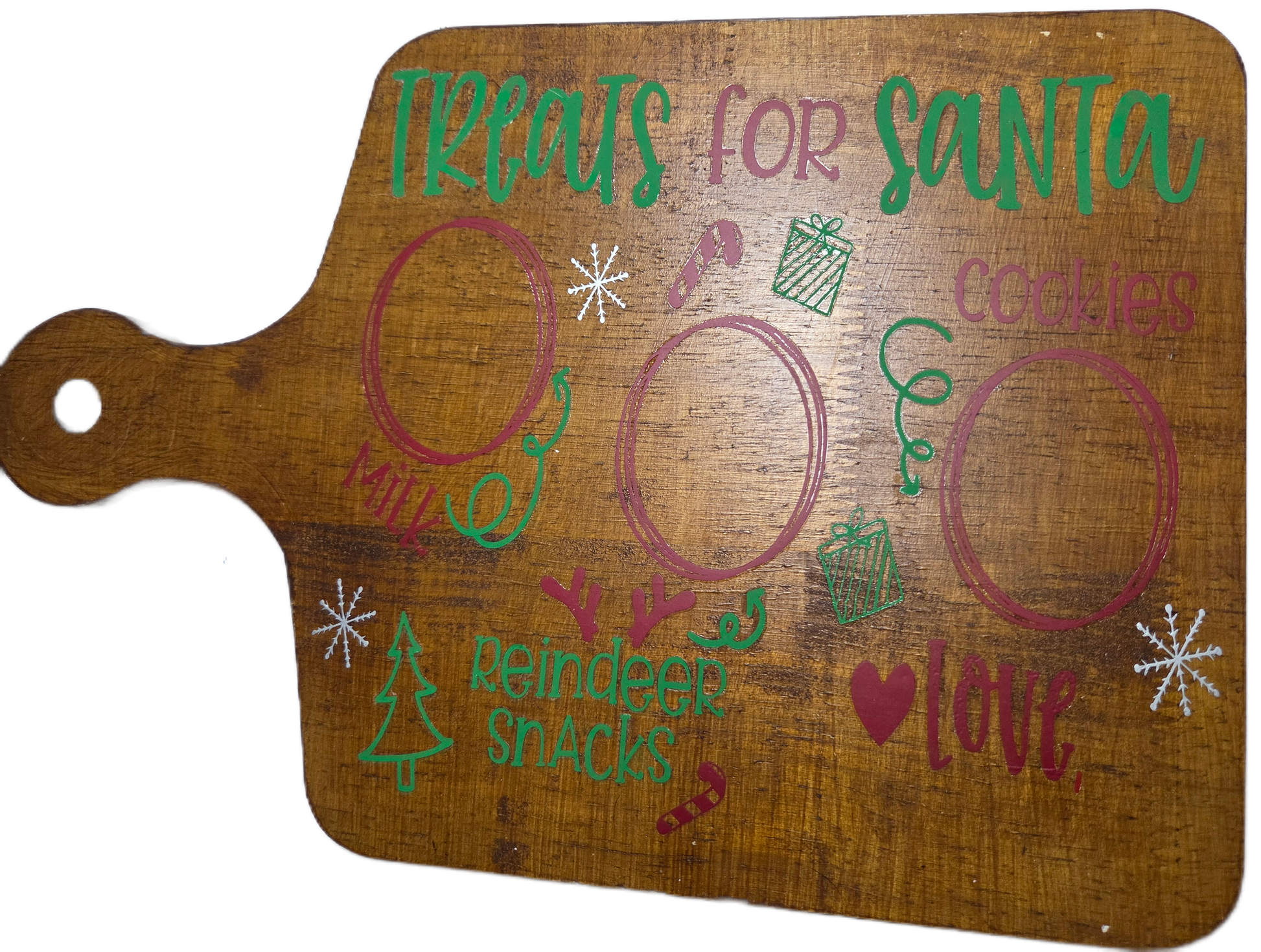 Wooden cutting board with decorative text and graphics on a white background