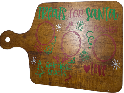 Wooden cutting board with decorative text and graphics on a white background