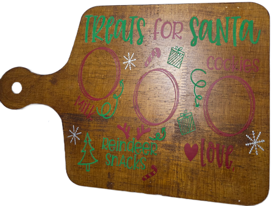 Wooden cutting board with decorative text and graphics on a white background